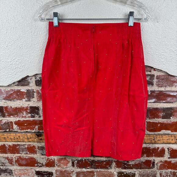 Vintage Cache Skirt Size 27 Red Knee Length Pencil Gold Beaded USA 90s - Picture 3 of 3